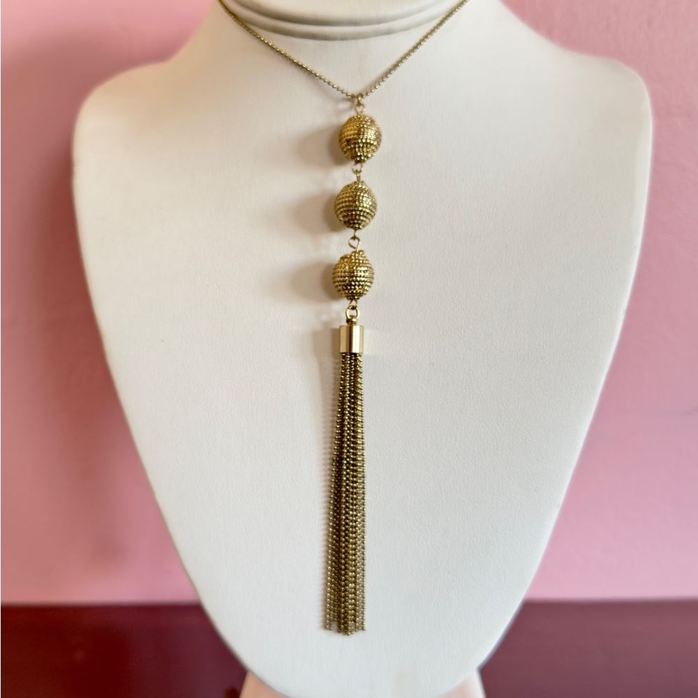 INC International Gold Tone Long Tassel Statement Necklace 36”